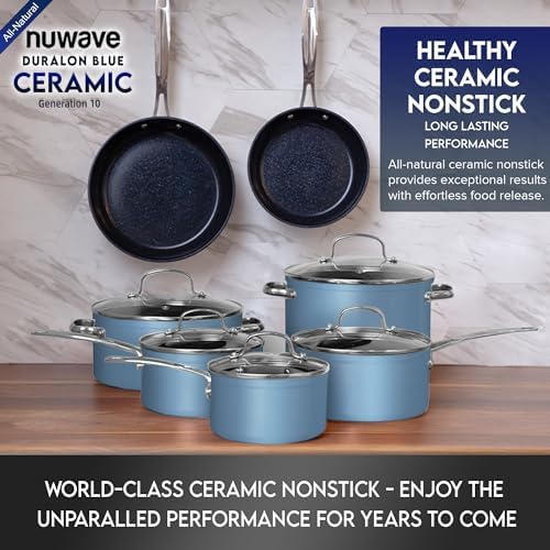Healthy Duralon Blue Ceramic Nonstick Cookware Set, Diamond Infused Scratch-Resistant, PFAS Free, Dishwasher & Oven Safe, Induction Ready & Evenly Heats, Tempered Glass Lids & Stay-Cool Handles