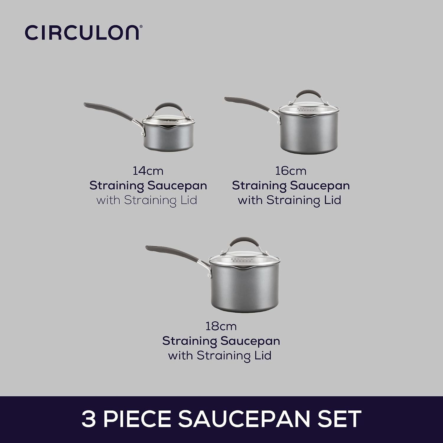 Scratch Defense Saucepan Set - Induction Saucepan Set Non Stick with Lids, 14cm, 16cm & 18cm Dishwasher & Oven Safe Cookware with Straining Lids & Pourings Rims, Graphite Pewter Finish