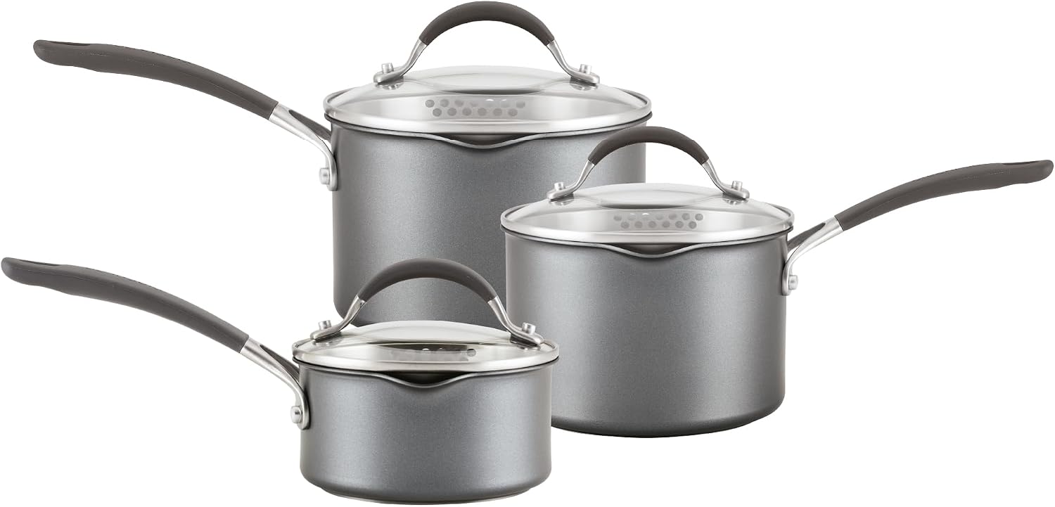 Scratch Defense Saucepan Set - Induction Saucepan Set Non Stick with Lids, 14cm, 16cm & 18cm Dishwasher & Oven Safe Cookware with Straining Lids & Pourings Rims, Graphite Pewter Finish