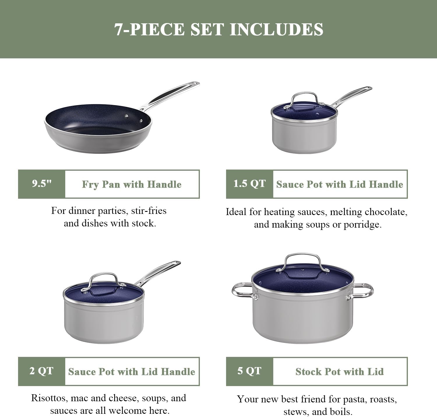 7pc Cookware Set Healthy Duralon Blue Ceramic Nonstick Coated, Diamond Infused Scratch-Resistant, PFAS Free, Oven Safe, Induction Ready & Evenly Heats, Tempered Glass Lids & Stay-Cool Handle