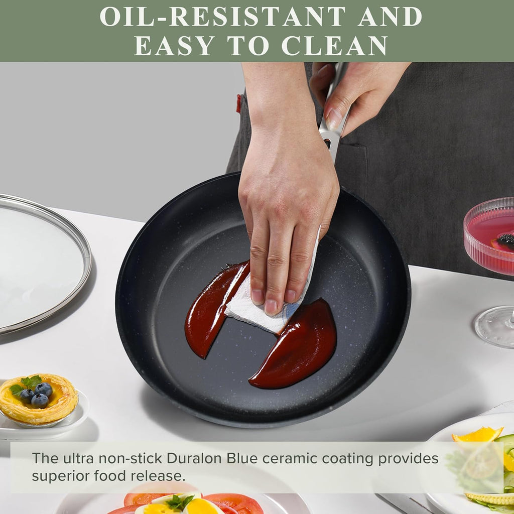 Healthy Duralon Blue Ceramic Nonstick Cookware Set, Diamond Infused Scratch-Resistant, PFAS Free, Dishwasher & Oven Safe, Induction Ready & Evenly Heats, Tempered Glass Lids & Stay-Cool Handles