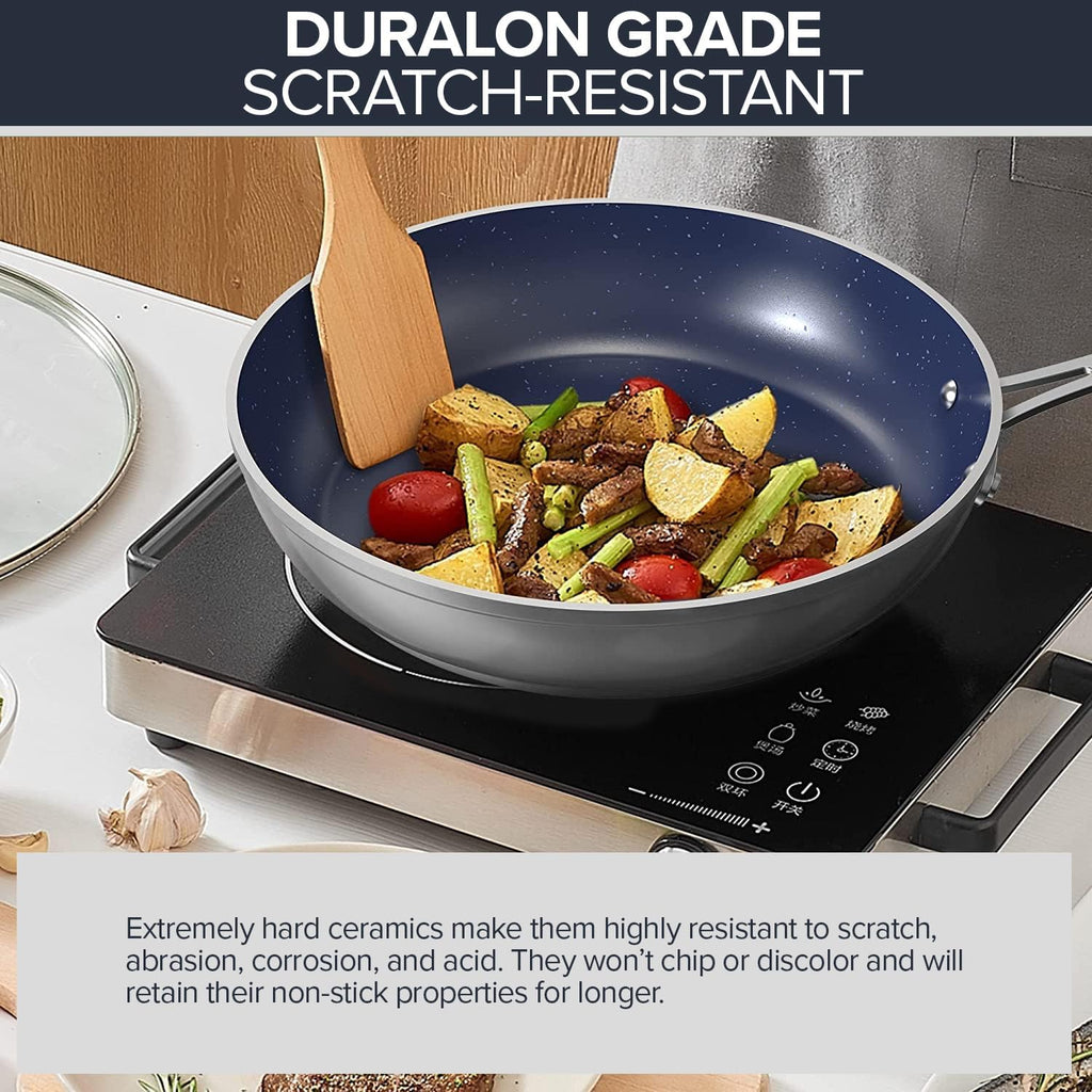 7pc Cookware Set Healthy Duralon Blue Ceramic Nonstick Coated, Diamond Infused Scratch-Resistant, PFAS Free, Oven Safe, Induction Ready & Evenly Heats, Tempered Glass Lids & Stay-Cool Handle