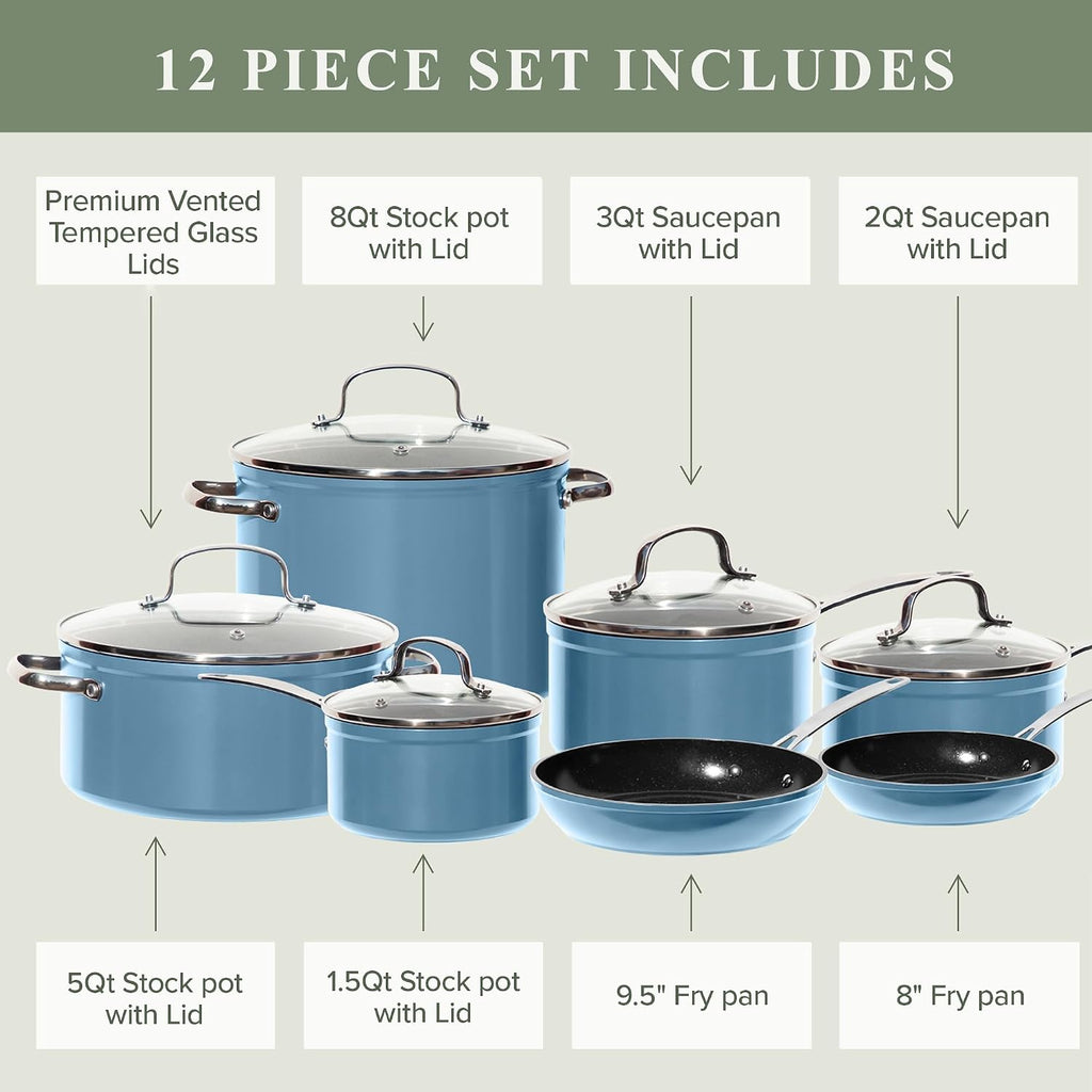 Healthy Duralon Blue Ceramic Nonstick Cookware Set, Diamond Infused Scratch-Resistant, PFAS Free, Dishwasher & Oven Safe, Induction Ready & Evenly Heats, Tempered Glass Lids & Stay-Cool Handles