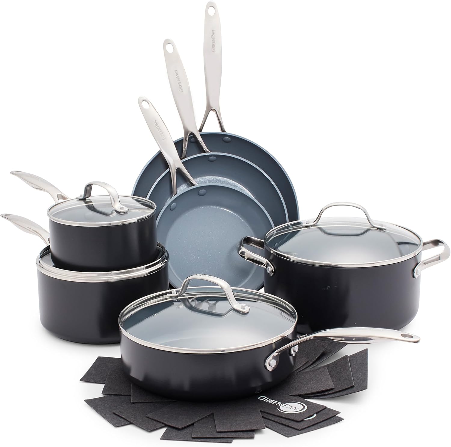 Valencia Pro Ceramic Nonstick 11 Piece Cookware Set, Hard Anodized PFAS-Free Pots & Pans, Induction Ready, Compatible on All Cooktops, Dishwasher Safe, Oven Safe to 600F, Gray