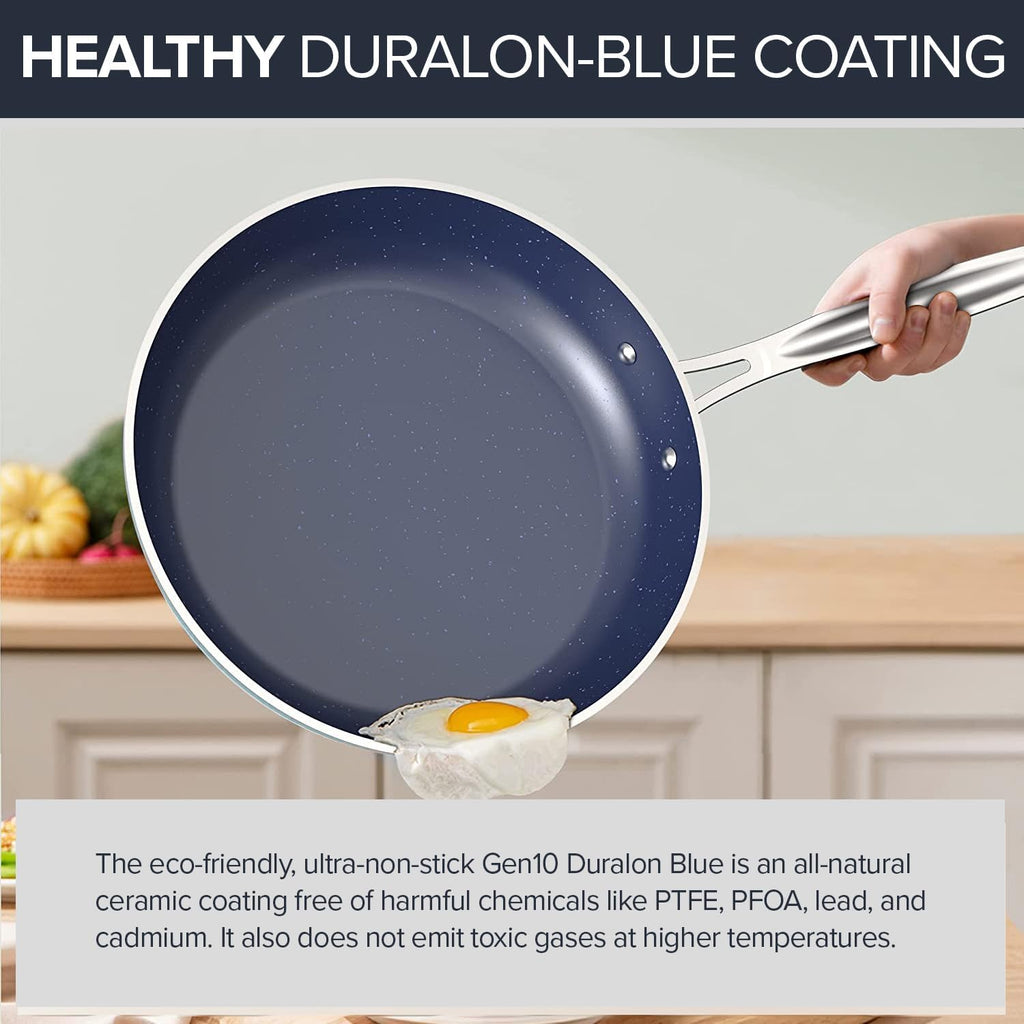 7pc Cookware Set Healthy Duralon Blue Ceramic Nonstick Coated, Diamond Infused Scratch-Resistant, PFAS Free, Oven Safe, Induction Ready & Evenly Heats, Tempered Glass Lids & Stay-Cool Handle