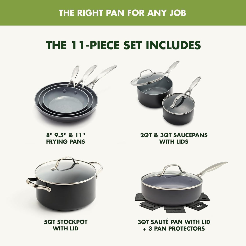 Valencia Pro Ceramic Nonstick 11 Piece Cookware Set, Hard Anodized PFAS-Free Pots & Pans, Induction Ready, Compatible on All Cooktops, Dishwasher Safe, Oven Safe to 600F, Gray