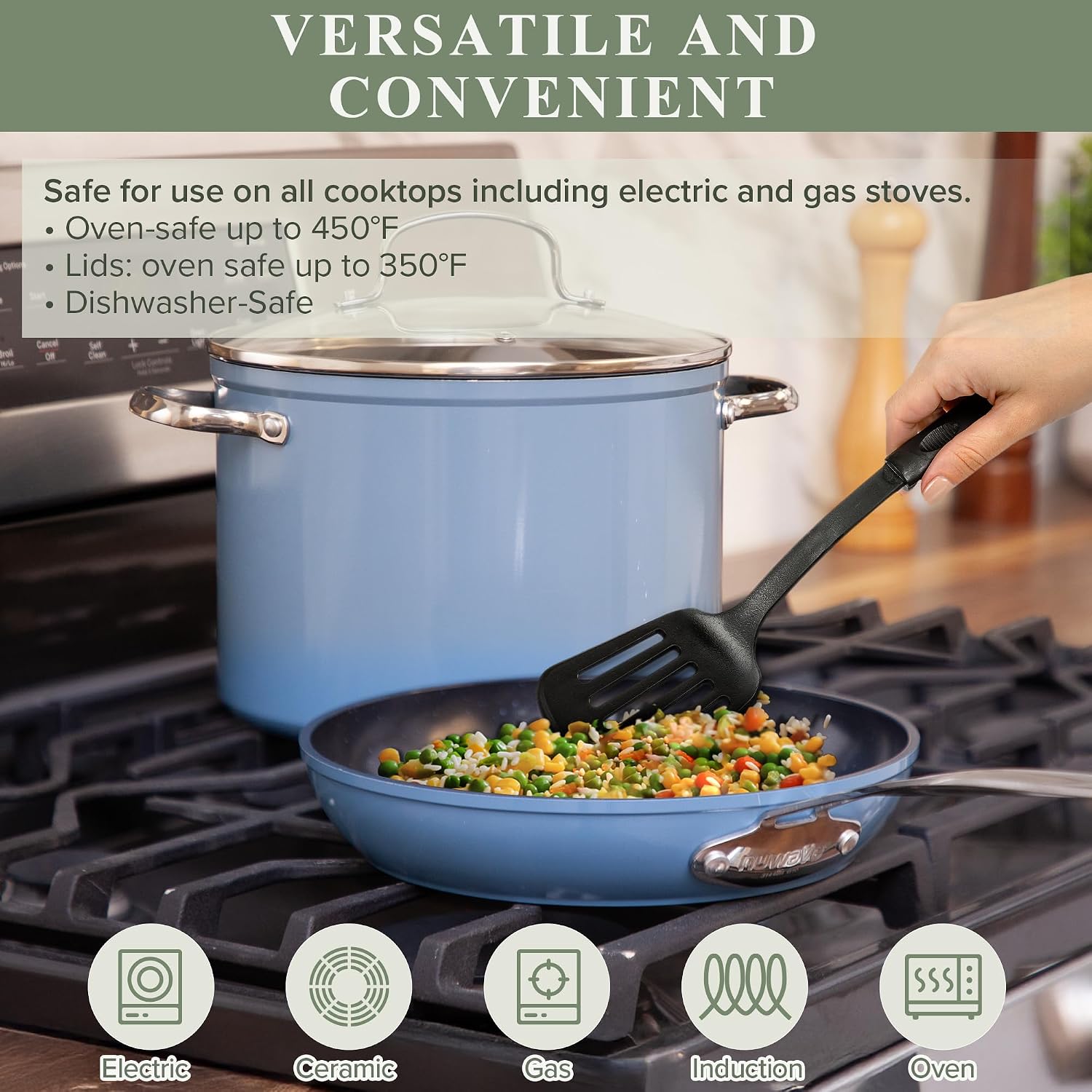 Healthy Duralon Blue Ceramic Nonstick Cookware Set, Diamond Infused Scratch-Resistant, PFAS Free, Dishwasher & Oven Safe, Induction Ready & Evenly Heats, Tempered Glass Lids & Stay-Cool Handles