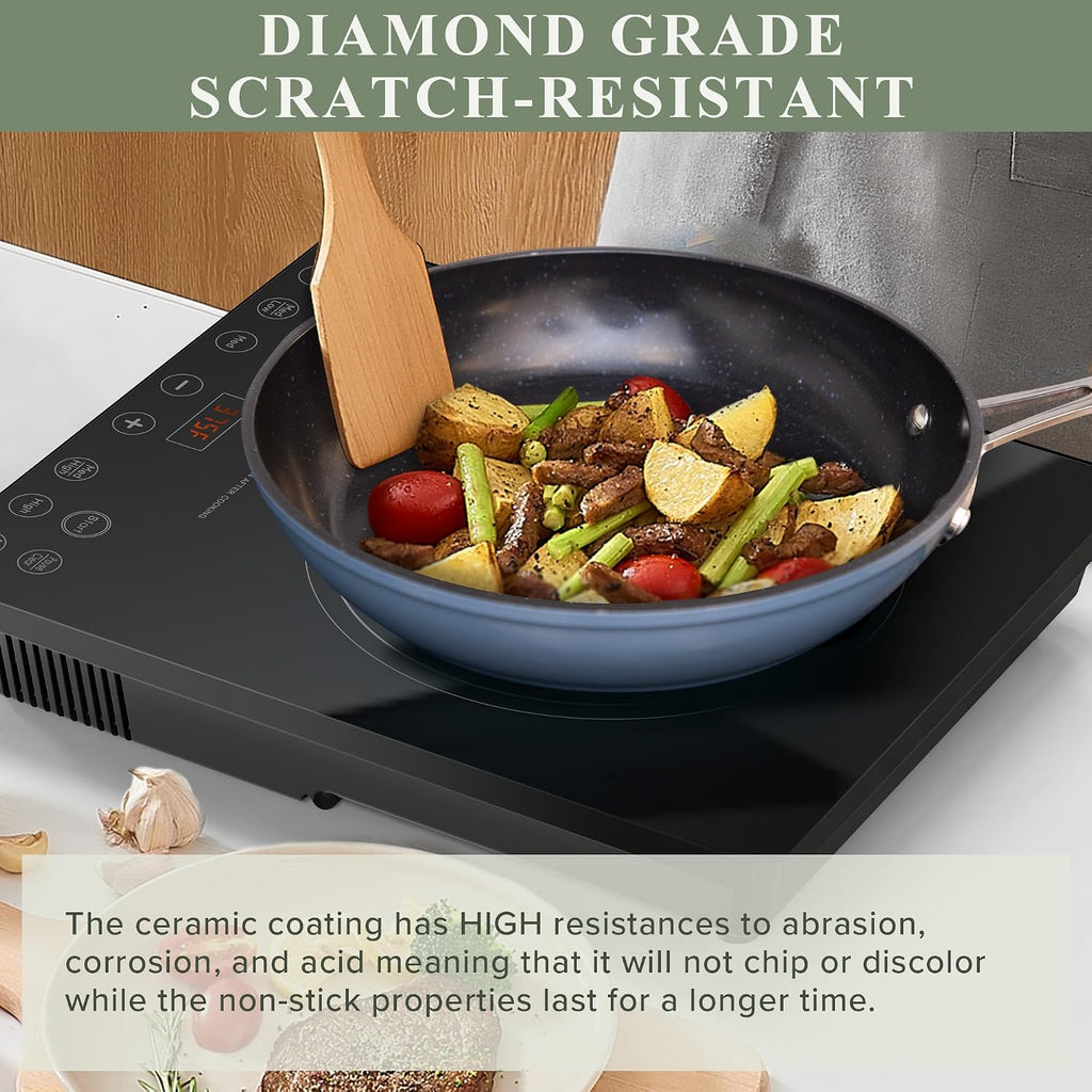 Healthy Duralon Blue Ceramic Nonstick Cookware Set, Diamond Infused Scratch-Resistant, PFAS Free, Dishwasher & Oven Safe, Induction Ready & Evenly Heats, Tempered Glass Lids & Stay-Cool Handles