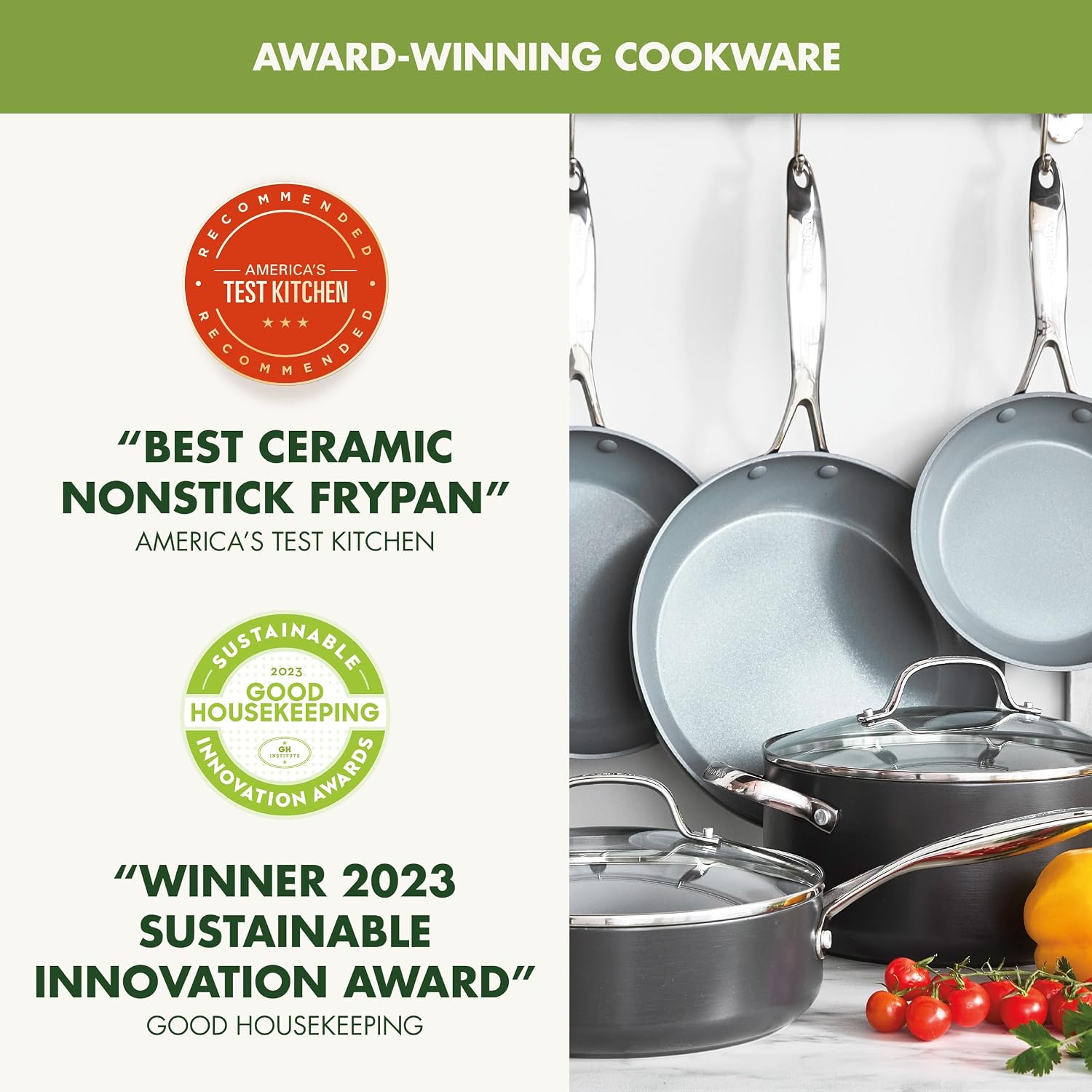Valencia Pro Ceramic Nonstick 11 Piece Cookware Set, Hard Anodized PFAS-Free Pots & Pans, Induction Ready, Compatible on All Cooktops, Dishwasher Safe, Oven Safe to 600F, Gray