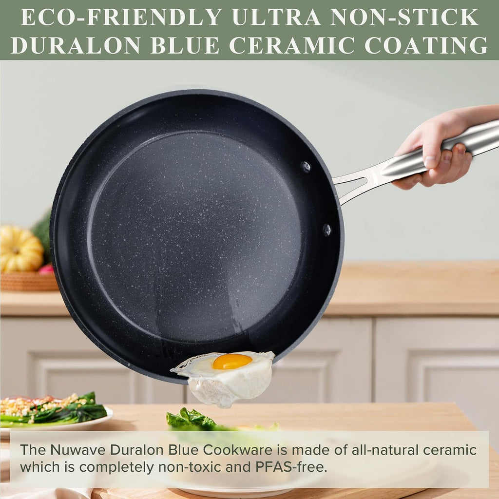 Healthy Duralon Blue Ceramic Nonstick Cookware Set, Diamond Infused Scratch-Resistant, PFAS Free, Dishwasher & Oven Safe, Induction Ready & Evenly Heats, Tempered Glass Lids & Stay-Cool Handles