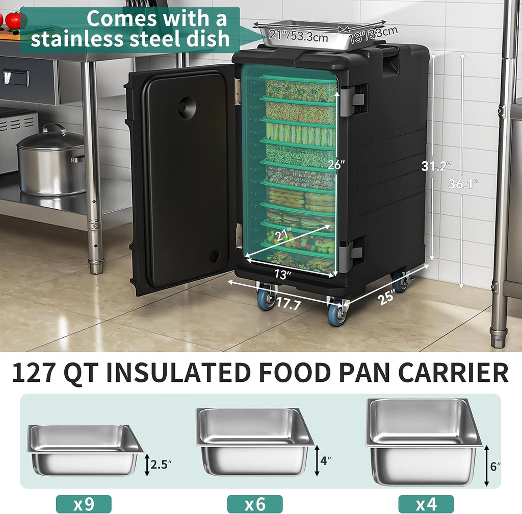 Insulated Food Pan Carrier, 127 Qt LLDPE Hot Box for Catering w/Stainless Steel Pan, Catering Food Warmer with Swivel Casters for 9 Full-Size Pans, Stackable Design for Restaurant Gathering