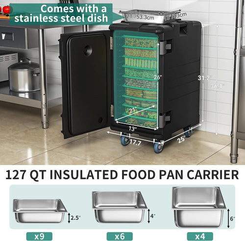 Insulated Food Pan Carrier, 127 Qt LLDPE Hot Box for Catering w/Stainless Steel Pan, Catering Food Warmer with Swivel Casters for 9 Full-Size Pans, Stackable Design for Restaurant Gathering